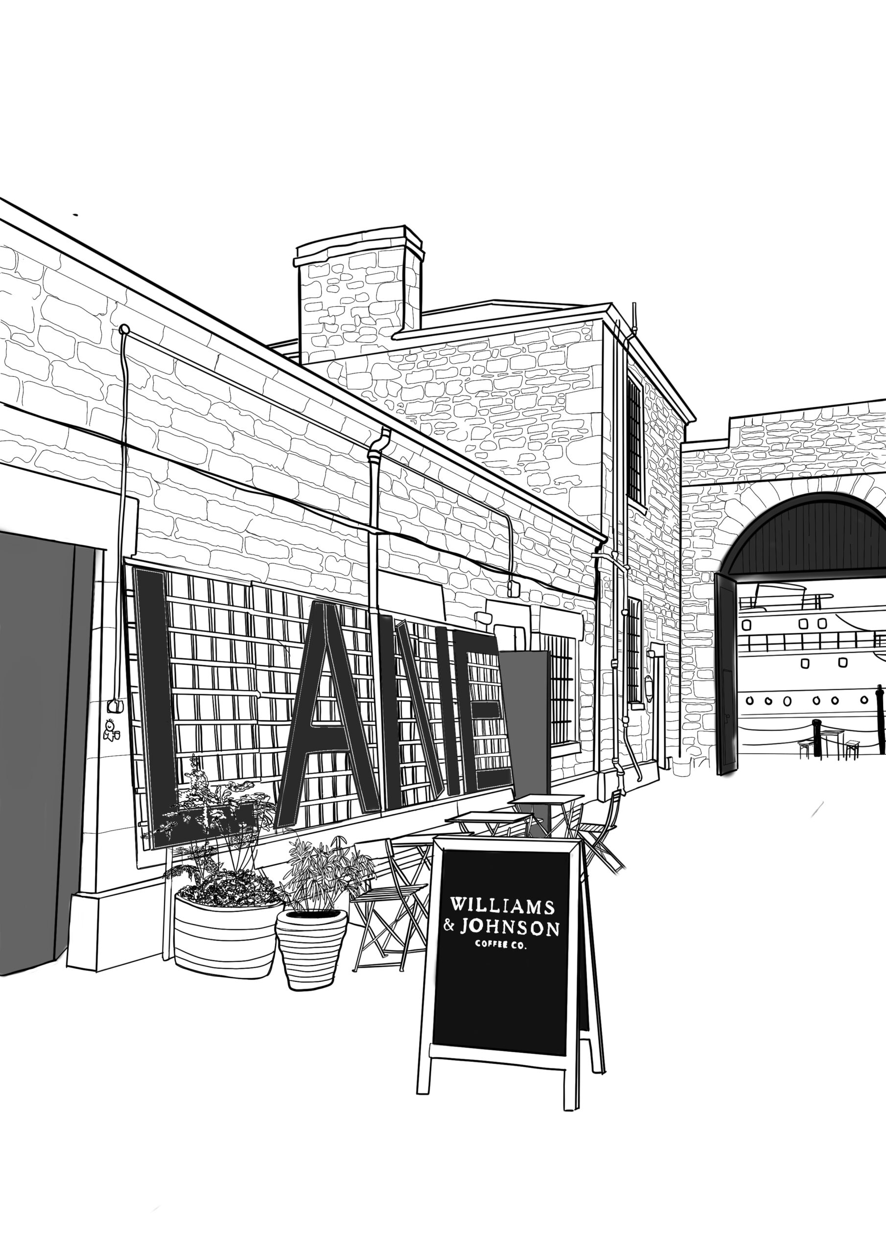 A black and white illustration of William and Johnson Coffee Shop at Custom Lane Illustration - by Emma de la Pena for Emma Ink Edinburgh Coffee Blog Post