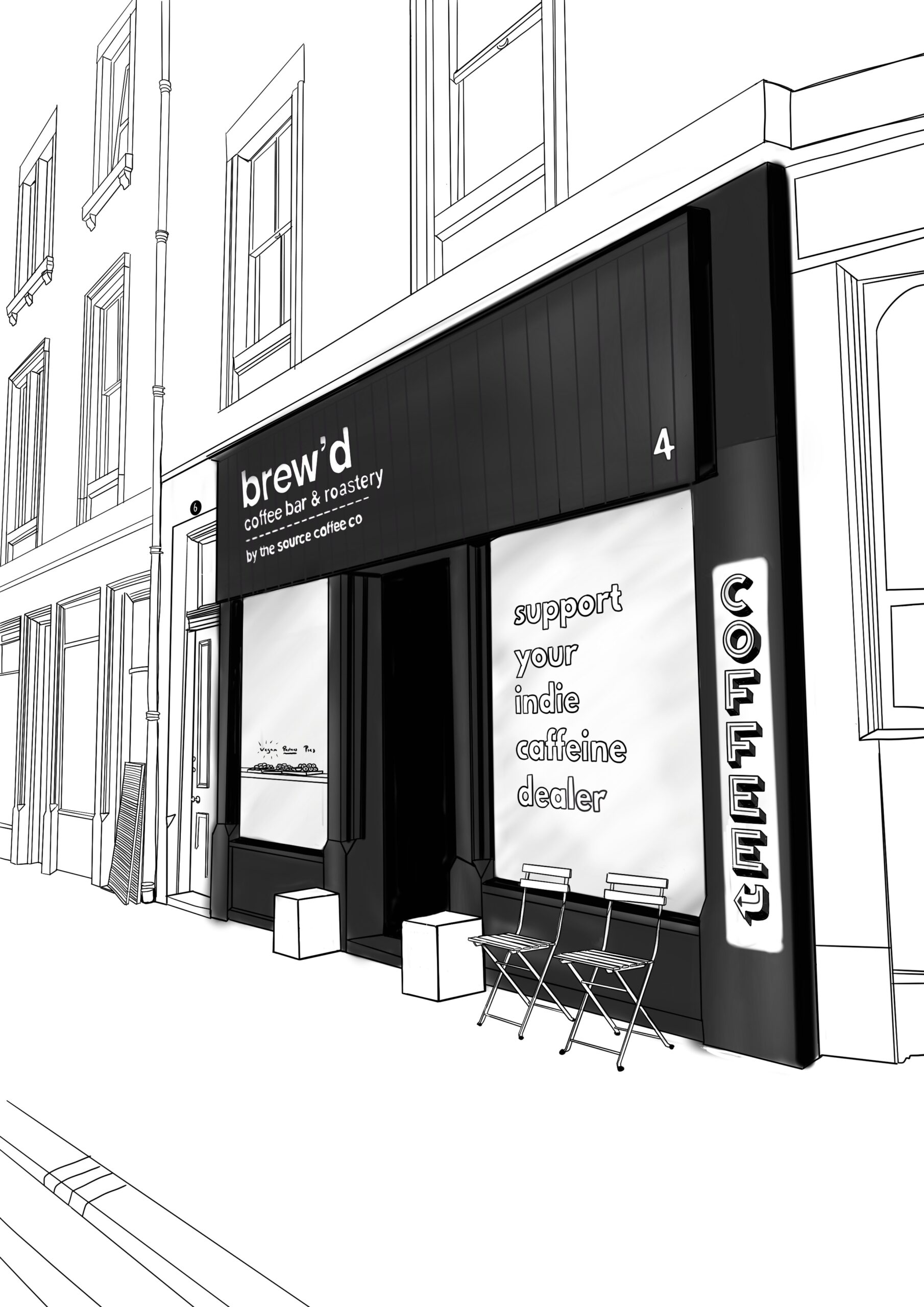 Black an white illustration of Brew's by Source coffee shop by Emma de la Pena of Wayward 